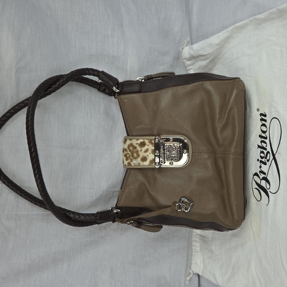 BRIGHTON Brown Leather Purse With Animal Print Bag With Woven Shoulder Straps